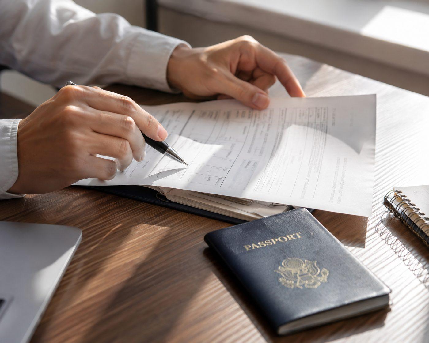 Manos revisando un formulario impreso sobre un escritorio de madera, con un pasaporte cerrado al lado y un cuaderno de espiral.